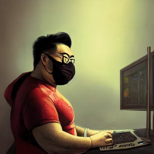 Image similar to an insanely detailed painting of a chubby nerdy asian man wearing a homemade superhero costume and mask, sitting at a computer desk typing on the keyboard, in the style of peter mohrbacher, dramatic lighting and composition, trending on artstation, concept art, comic book, graphic novel, back view