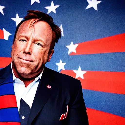 Prompt: UHD candid photo of Alex Jones dressed as a cosmic superhero, wearing red white and blue, accurate face, UHD, photorealistic, correct face, photo by Annie Leibowitz