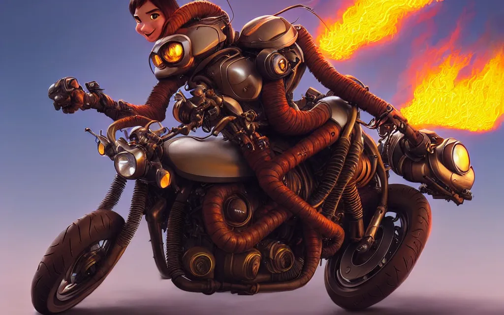 Prompt: weta disney pixar character shot of 🏍 by pixar : : flames : : by weta, greg rutkowski, wlop, ilya kuvshinov, rossdraws, artgerm, marvel, unreal engine, bright morning, anime