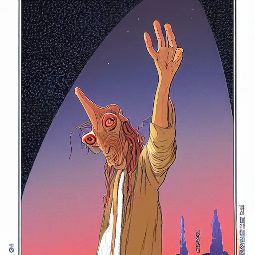 Prompt: jar jar binks retro minimalist portrait by jean giraud, moebius starwatcher comic, 8 k