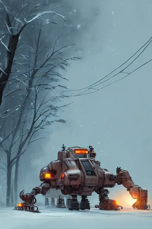 Image similar to mech being exhaisted from plowing snow from it's front yard, highly detailed, scifi, fantasy, highly detailed, digital painting, trending on artstation, concept art, sharp focus, illustration, global illumination, shaded, art by simon stalenhag