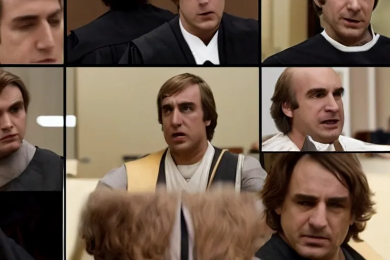 Image similar to anakin skywalker talking to saul goodman in court, us court, 1 0 8 0 p, court session images, realistic faces, better call saul