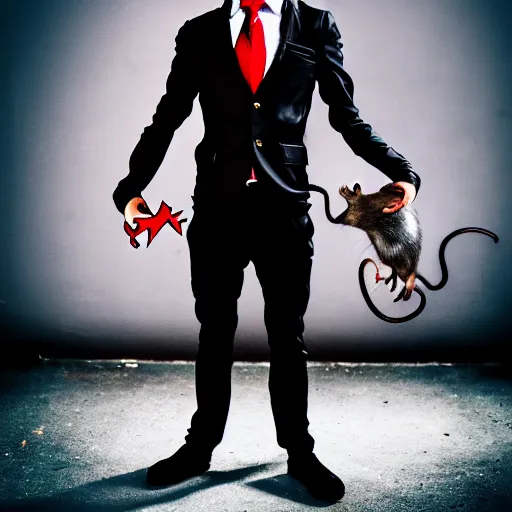 Image similar to photography of ratman, a superhero with the powers of a rat in a black suit