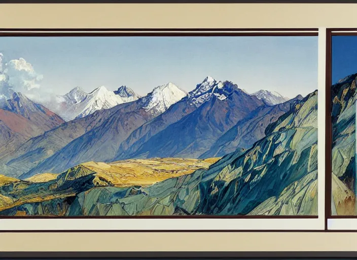 Prompt: a copic maker illustration of the andes mountain range in santiago de chile framed by a train window by john berkey norman rockwell and giorgio de chirico