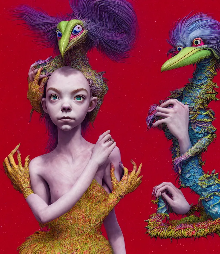 Image similar to hyper detailed 3d render like a Oil painting - kawaii portrait of two Aurora (a beautiful girl skeksis muppet fae princess protective playful expressive acrobatic from dark crystal that looks like Anya Taylor-Joy) seen red carpet photoshoot in UVIVF posing in scaly dress to Eat of the Strangling network of yellowcake aerochrome and milky Fruit and His delicate Hands hold of gossamer polyp blossoms bring iridescent fungal flowers whose spores black the foolish stars by Jacek Yerka, Ilya Kuvshinov, Mariusz Lewandowski, Houdini algorithmic generative render, golen ratio, Abstract brush strokes, Masterpiece, Edward Hopper and James Gilleard, Zdzislaw Beksinski, Mark Ryden, Wolfgang Lettl, hints of Yayoi Kasuma and Dr. Seuss, octane render, 8k