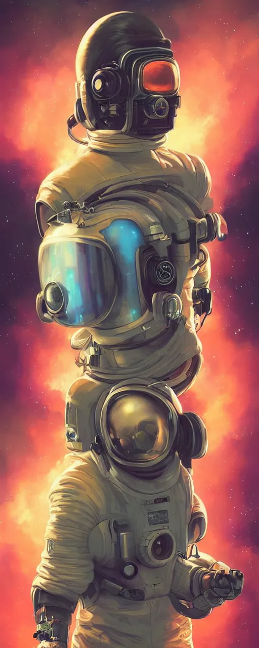 Prompt: a poster design of a single cyberpunk astronaut wearing headphones in space, universe, cyberpunk, warm color, Highly detailed labeled, poster, peter mohrbacher, featured on Artstation