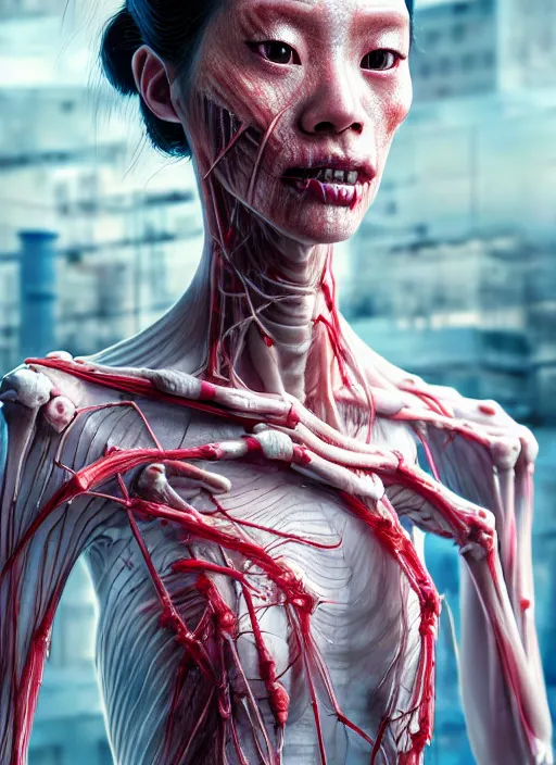 Image similar to 3 / 4 portrait, geisha girl with transparent skin, visible muscle and bones and veins and nerves, david cronenberg, hyperrealism, detailed textures, photorealistic 3 d cyberpunk apocalyptic city, futuristic clothing and helmet, ultra realistic, cinematic, intricate, cinematic light, unreal engine 8 k, octane render, unreal engine by david kostic and stanley lau and artgerm