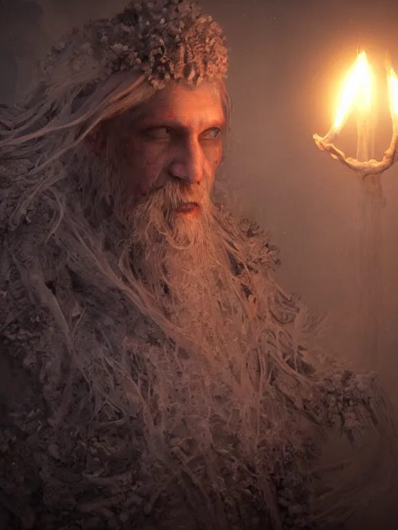 Image similar to fine painting of the white shaman of death from an ancient ice planet culture with mushrooms, candlelight, 8 k, ultra realistic, lens flare, atmosphere, glow, detailed, intricate, full of colour, cinematic lighting, trending on artstation, 4 k, hyperrealistic, focused, extreme details, unreal engine 5, cinematic, masterpiece