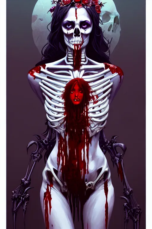 Image similar to extremely beautiful panting of goddess of the realm of the dead, half woman half skeleton, covered with blood, surrounded by skeletons, extremely high detailed face, artstation, by ilya kuvshinov, greg rutkowski and makoto shinkai, trending on artstation