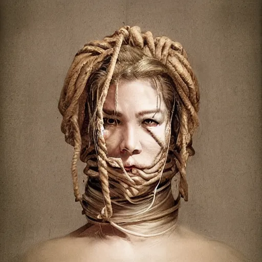 Image similar to portrait of a Shibari rope wrapped face and neck, headshot, insanely nice professional hair style, dramatic hair color, digital painting, of a old 18th century, Royal Emperor, amber jewels, baroque, ornate clothing, scifi, realistic, hyperdetailed, chiaroscuro, concept art, art by Franz Hals and Jon Foster and Ayami Kojima and Amano and Karol Bak,