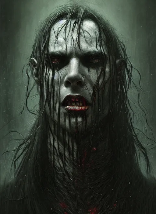 Prompt: portrait of a ancient bloodthirsty vampire man revenant with long tangles of black hair, eerie glowing eyes, gothic fog ambience, hyper realistic head, fantasy art, in the style of greg rutkowski, zdizslaw beksinski, intricate, alphonse mucha, hyper detailed, smooth