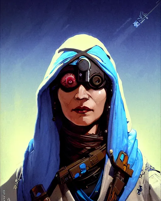 Prompt: ana from overwatch, eye patch, white hair, hooded blue cloak, older egyptian woman, character portrait, portrait, close up, concept art, intricate details, highly detailed, vintage sci - fi poster, in the style of chris foss, rodger dean, moebius, michael whelan, and gustave dore