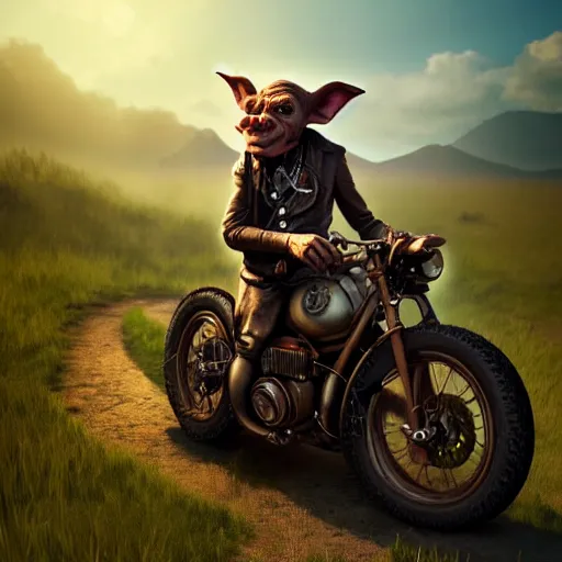 Image similar to a goblin wearing high riding boots riding a steampunk motorcycle on a dirt road in a meadow in mid day, volumetric light, soft ligthing, soft shadows, hyperdetailed, artstation, cgsociety, 8k