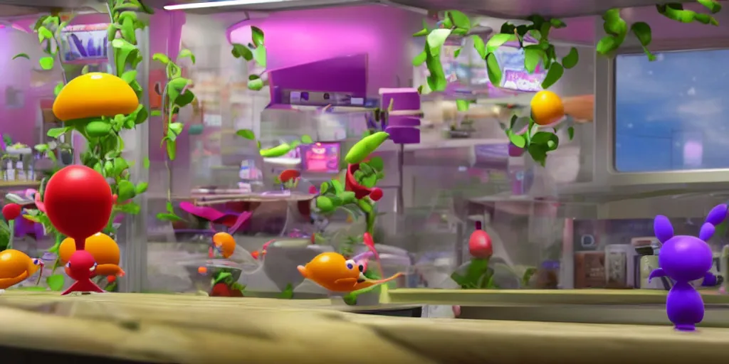 Image similar to pikmin inside of taco bell, realistic, found footage