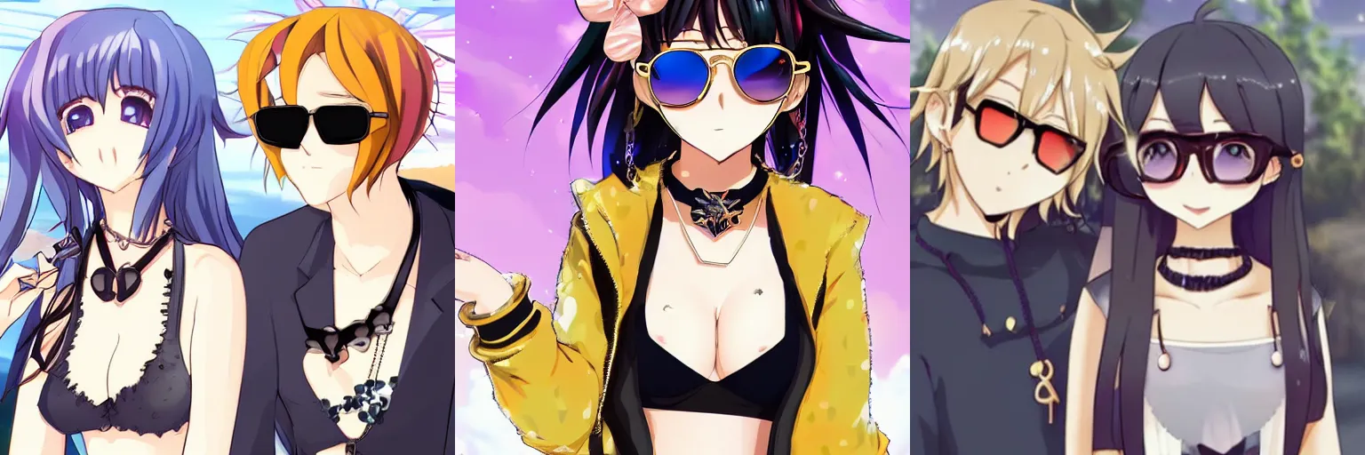 Prompt: 2 anime egirl, with golden choker around neck, with sunglasss, with bear in right hand