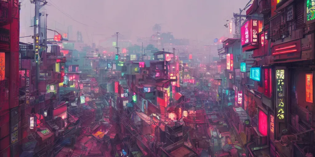 Prompt: A dystopian rundown neon colorful Japanese town, eye-level perspective, illustrated by Greg Rutkowski, 8k, 4K, trending on artstation, artstationHQ, artstationHD
