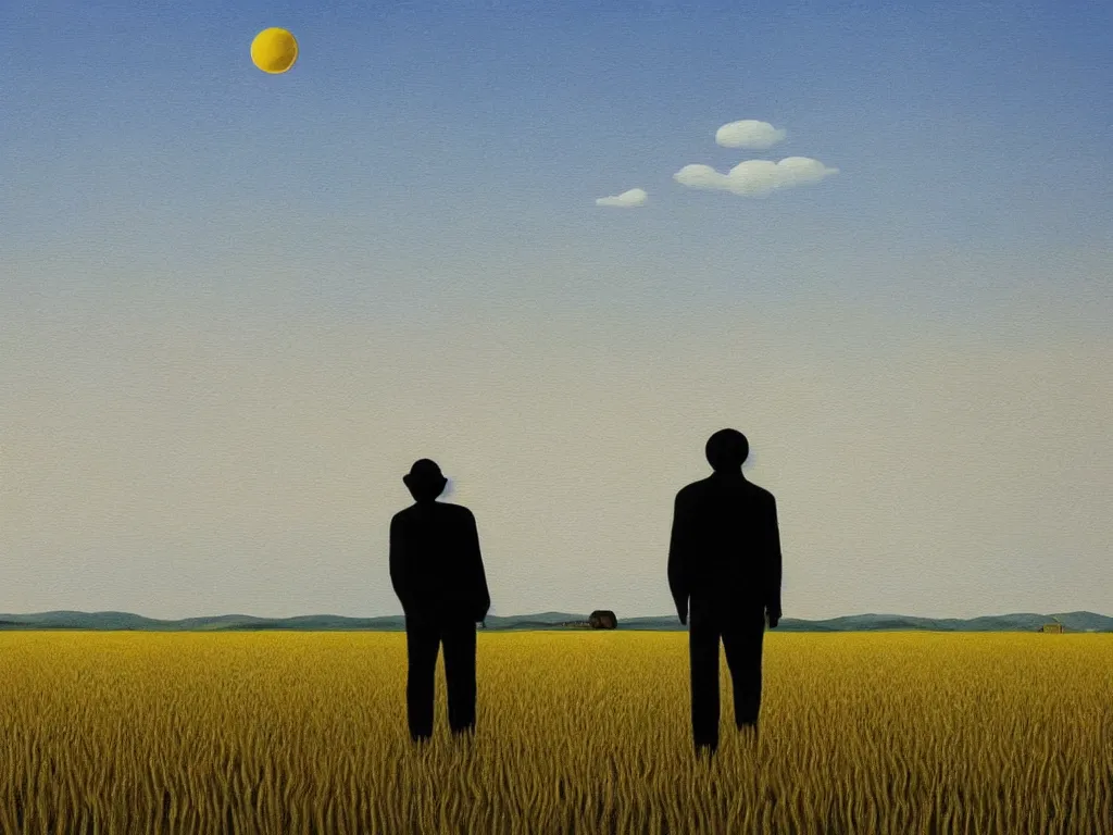 Image similar to a painting of a lonely figure walking away in a wheat field with planet circles above the horizon on a bright noon, minimalistic, sharp edges, elegant, highly detailed, digital painting, artstation, concept art, smooth, sharp focus, colored illustration for tattoo, art by krenz cushart and rene magritte and david inshaw,