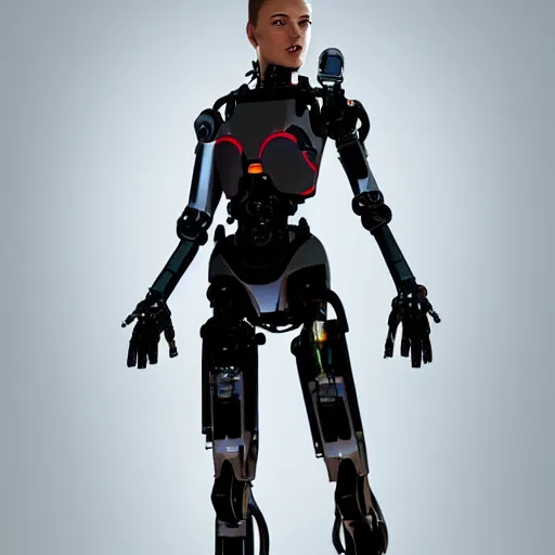 Image similar to full-body portrait of a young cyborg woman with robotic prosthetic arms and legs, digital art, artstation, 4k