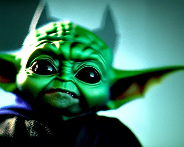 Prompt: epic closeup cinematic still of batmask baby yoda as batman wearing batman costume with batcape as batman in atmospheric rainy alleyway in the style of batman forever, 8 k backlit, rim lighting, dramatic moonlight lighting, beautiful composition muscles badass aesthetic
