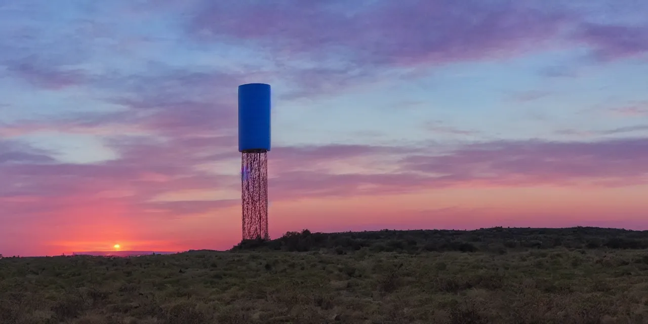 Image similar to twilight on a blue desert, organic tower in the middle distance, green tinged sky with a red sun