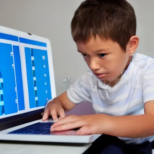 Prompt: child impatiently checks out exam results on a computer screen, stock photo, detailed, hd