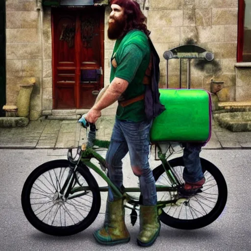 Prompt: a bearded and long haired bicycle food delivery worker with a green bag on his back in ireland, he has boots, by Artgerm, fantasy epic digital art, trending on Artstation