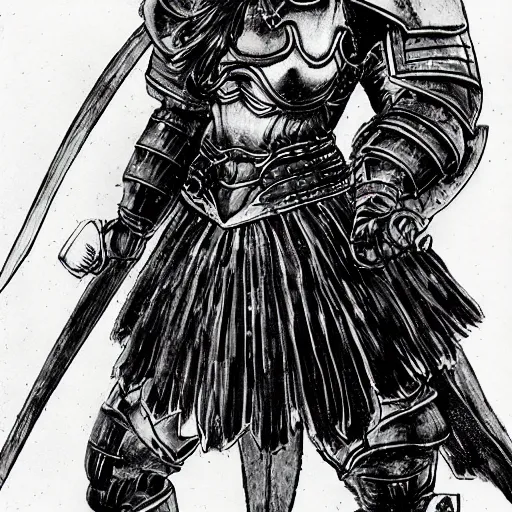 Image similar to female warrior, red hair, black armor, by takehiko inoue, ultra detailled, medieval, manga