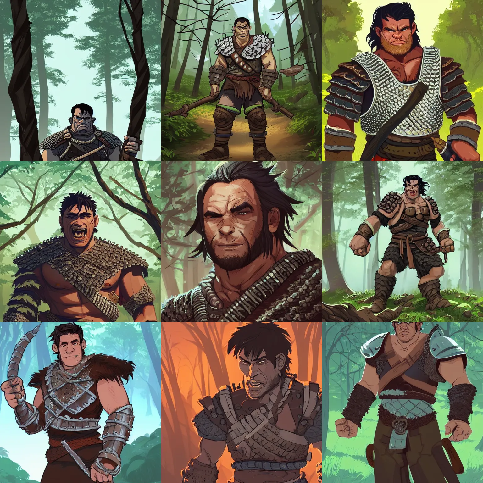 Prompt: portrait of a ruggedly handsome half - orc fighter with short brown hair wearing chainmail armor in a forest, half body, single subject, clean cel shaded vector art. shutterstock. behance hd by lois van baarle, artgerm, helen huang, by makoto shinkai and ilya kuvshinov, rossdraws, illustration