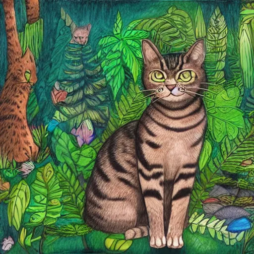 Image similar to Accurate and realistic representation of a cat in a magical dense, lush forest filled with wisdom, love, and courage.. Epic composition. Harmonic colored disposition, expertly blended and shaded. HD. 8k. 4.k HQ. UHD . Colored pencils and color inks on two joined sheets of paper