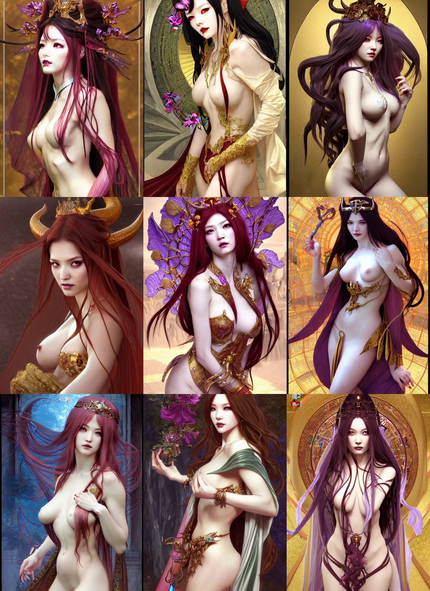 Prompt: complex 3 d hyper realistic smooth ultra sharp render of a gorgeous!! robed princess demoness sorceress woman | beatiful demon girl, d & d, medieval, fantasy | art by oh jinwook + 吵 集 仁 儿 on artstaion + takeshi obata + alphonse mucha