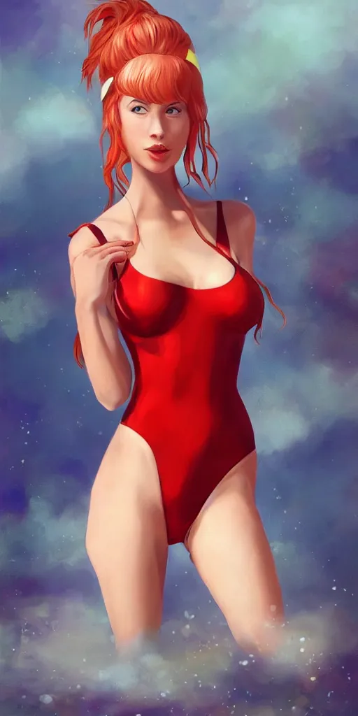 Image similar to beautiful full body portrait of a ginger woman wearing a sparkling cherry color one piece swimsuit wlop, artgerm, artstation