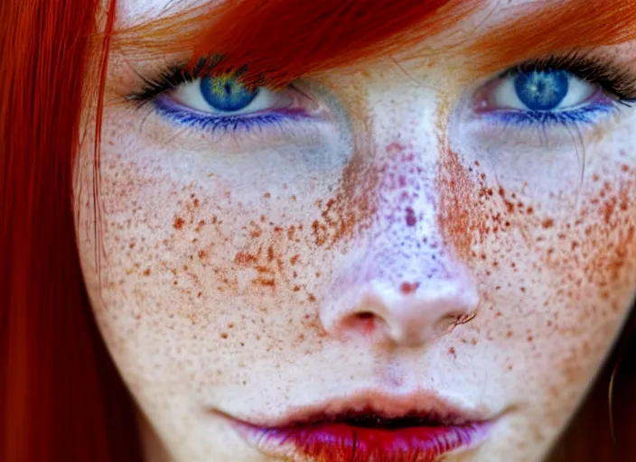 Image similar to award winning 8 5 mm close up face portrait photo of a redhead with deep red hair, freckles and blue eyes in a park by luis royo.