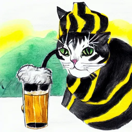 Prompt: a cat wearing a black bucket hat on its head and a scarf around its neck with black and yellow stripes while drinking a beer at an outdoor pub in stockholm, children\'s book drawing watercolor