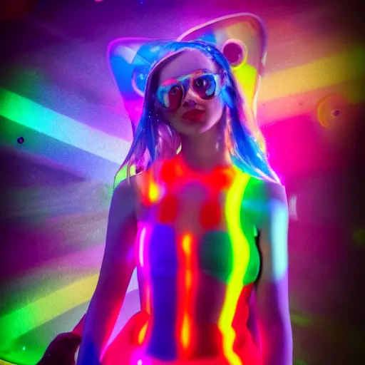 Prompt: Prismatic Spectrum Cosmic Magical Girl from the Rainbow Sky Paradise, tomorrowland, lit by flashing pixel light, fully covered in colorful paint, glowing neon