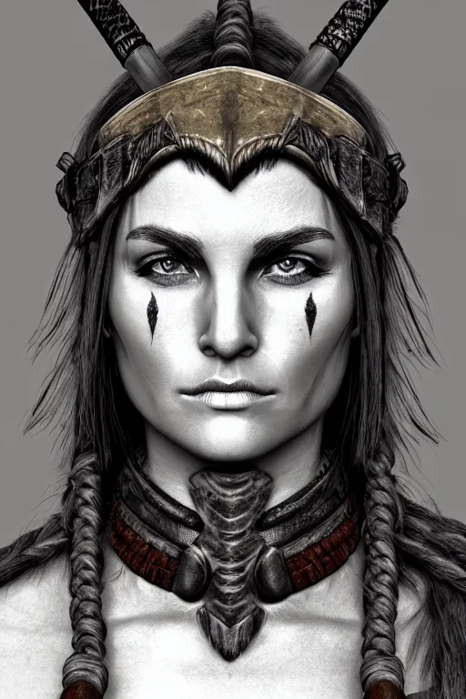 Prompt: head and shoulders portrait of a barbarian, female, high fantasy, d & d, face details, extremely detailed