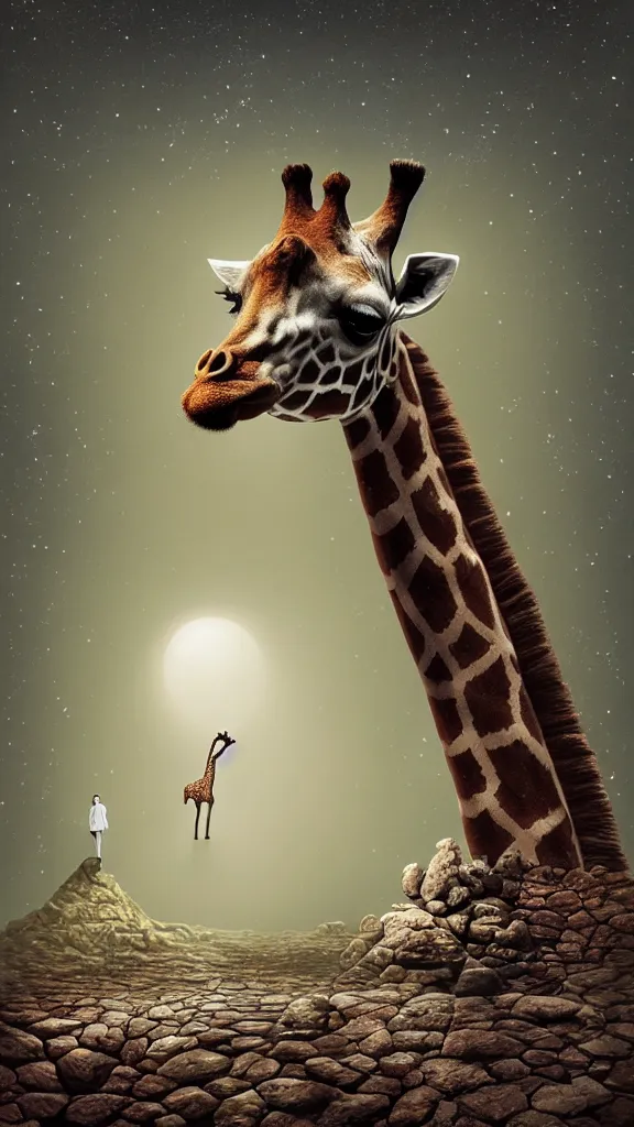 Prompt: a giraffe pondering the mysteries of the universe, surrealist painting by igor morski, gediminas pranckevicius, beeple, ornament, porcelain, super - resolution, soft lighting, ray tracing global illumination