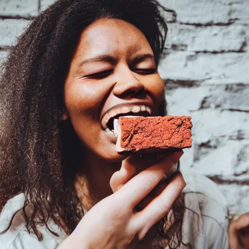 Prompt: a person taking a bite out of a brick