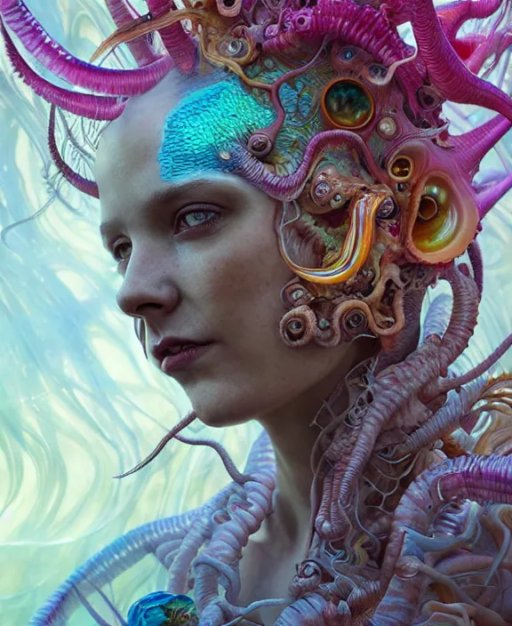 Prompt: intricate colorful transparent portrait of a terrifying beautiful alien sea creature, horns, shells, mottled coloring, adorable, childlike, anxiety environment, ultra realistic, concept art, art nouveau, photorealistic, octane render, 8 k, unreal engine. art by christopher marley and artgerm and greg rutkowski and alphonse mucha