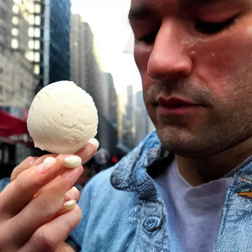 Image similar to photograph of a crying man holding a tiny small ball of ice cream in nyc.