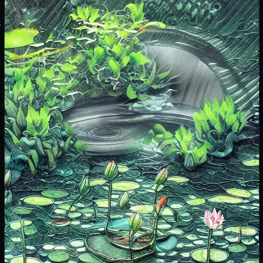 Image similar to big waves in a small lily pond, intricate, elegant, highly detailed, smooth, sharp focus, detailed face, high contrast, dramatic lighting, graphic novel, art by Ardian Syaf and Michael Choi