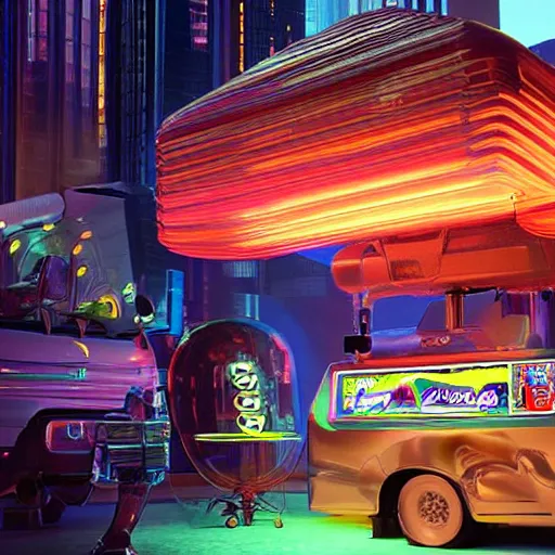 Prompt: medium shot of a a small edible gummi worm candy with cybernetics for sale from a food truck. the food truck is hovering high next to a tall building. the candy is displayed with dramatic product lighting, pearlescent. a scene from fifth element ( 1 9 9 7 ), unreal engine 5, octane 3 d, render, ( cyberpunk )