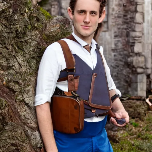 Image similar to british lad with short curly dark brown hair as a hobbit wearing a white men's crossbody sling chest bag and blue vest