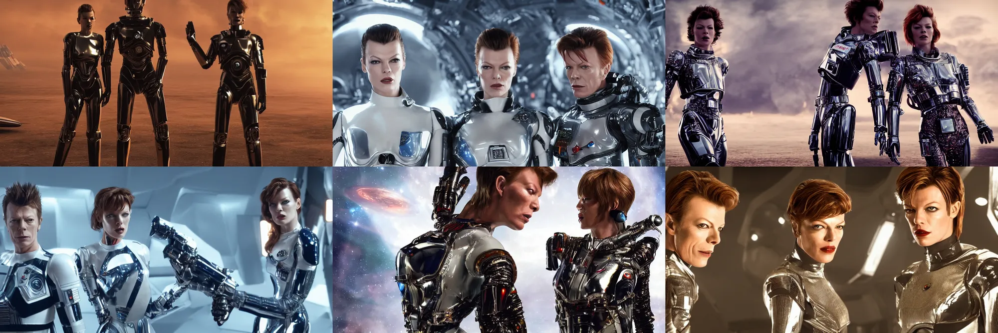 Prompt: a portrait of milla jovovich and david bowie wearing a rocknroll glitzy glamour spacesuit, beautiful, heroic action pose, a friendly android, stunning alien landscape, cinematic, dramatic studio lighting, wide shot, in the style of kubrick, ridley scott, jodorowsky, dune, star wars, octane render 8 k
