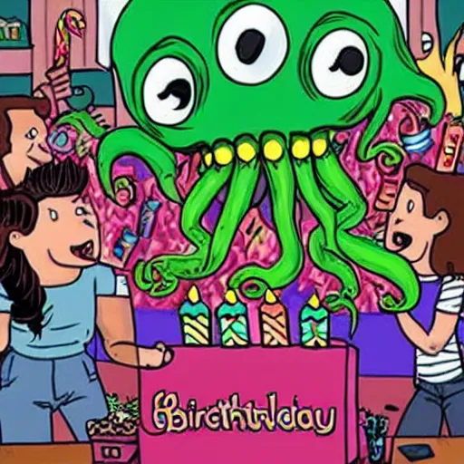 Prompt: Cthulhu having a great birthday party with his human followers and fans bringing him presents