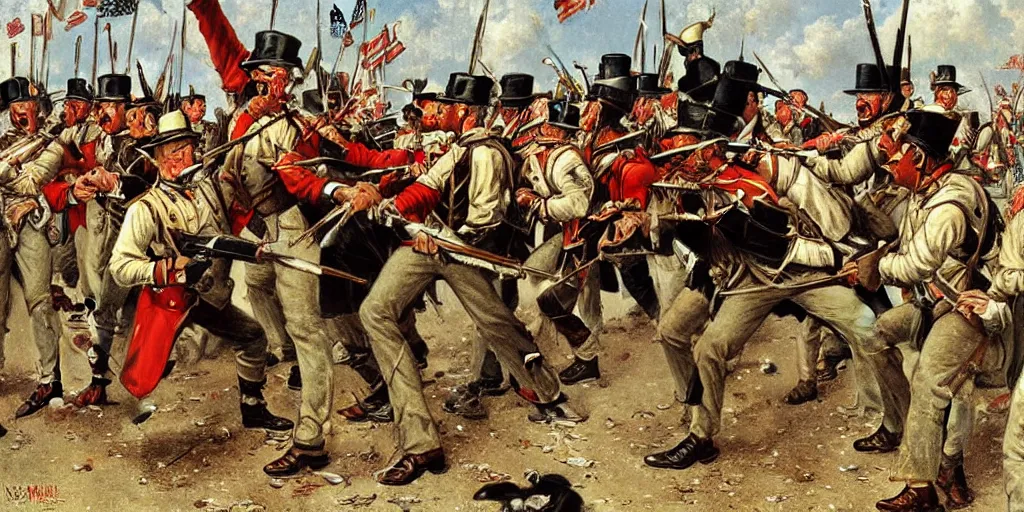 Image similar to detailed painting of the battle of new orleans with dancing soldiers by norman rockwell