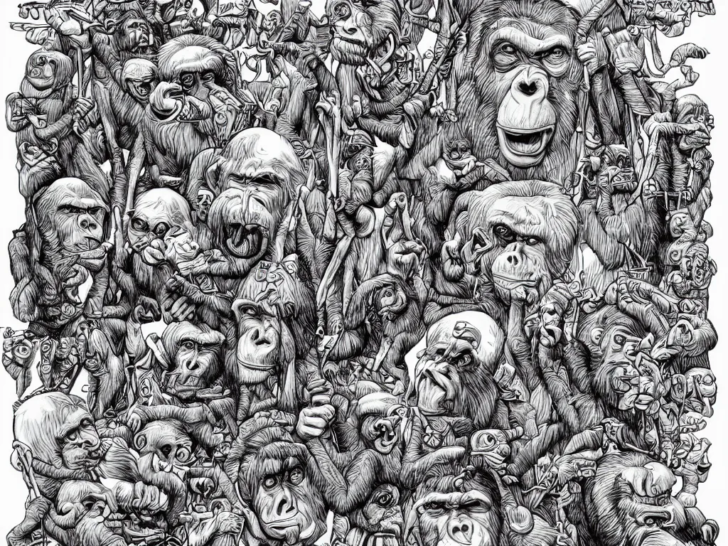 Image similar to bored ape club monkeies by Chor Boogie, intricate details, ultra detailed, 4K, award-winning, touch of M. C. Escher and Salvador Dali