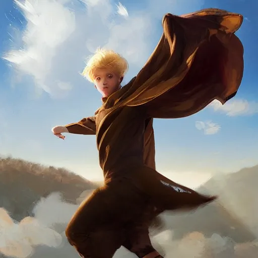 Prompt: blonde boy with golden eyes wearing a brown cape and flying in t pose, energy background, brush strokes, greg rutkowski, oil painting