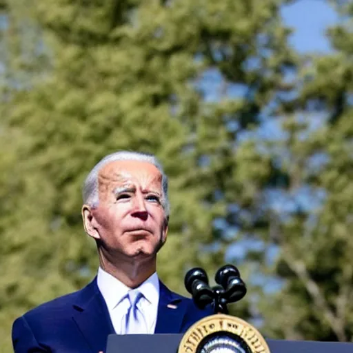 Prompt: joe biden giving speech looking up in the sky hands up