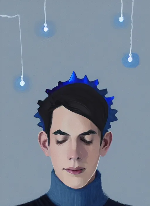 Image similar to portrait of teenage jughead jones wearing a light grey crown, crown, blue turtleneck, closed eyes, eyes closed, smile, crown, black hair, intricate, elegant, glowing lights, warm lighting, highly detailed, digital painting, artstation, concept art, smooth, sharp focus, illustration, art by wlop, mars ravelo and greg rutkowski