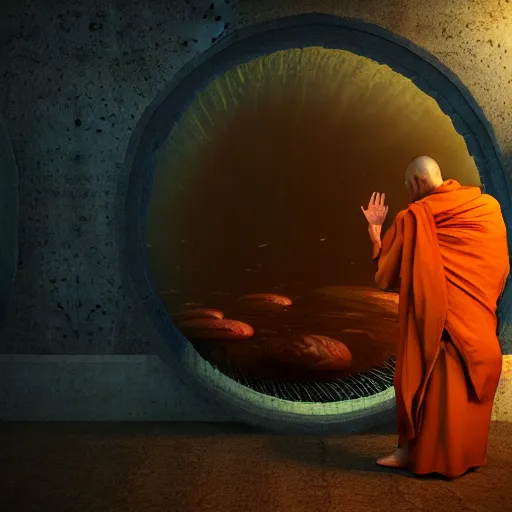 Prompt: photorealistic illustration of a monk discovering a portal to the deep, octane render, 8 k, cinematic lighting, exquisite details, dark atmosphere, psychedelic, 1 9 6 0 s